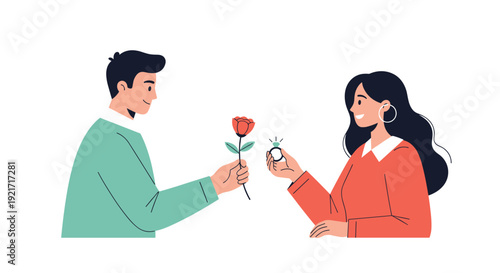 Romantic man presents a red rose to a woman who is showing him an engagement ring as they celebrate their love and commitment together.
