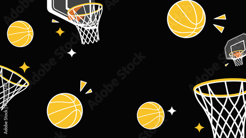 Basketball hoops and balls with starburst shapes on a dark background