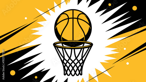 Basketball going through hoop with dynamic motion lines around it