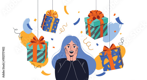 Surprised woman with blue hair reacts with excitement to several colorful gift boxes hanging from above amidst falling party confetti.