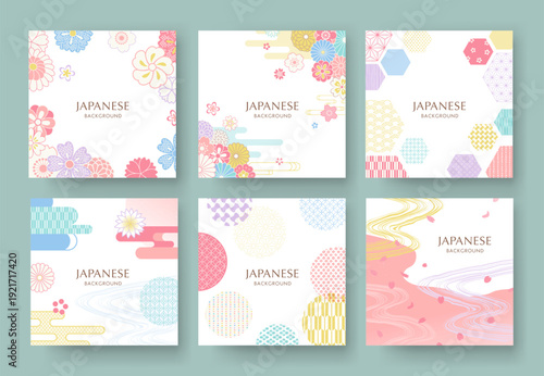 春の花と和柄の背景セット