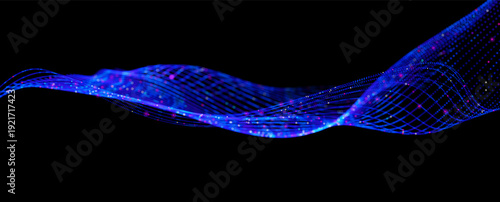 Futuristic data array visualization with flowing particle waves and digital interface representing big data analysis, pattern recognition, artificial intelligence, machine learning vector background