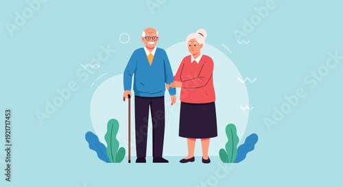 Caring elderly couple stands together as the woman supports her husband who is using a wooden walking cane for assistance and balance.