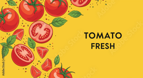 Bright yellow background is decorated with an artistic arrangement of fresh whole and sliced tomatoes along with green basil leaves.