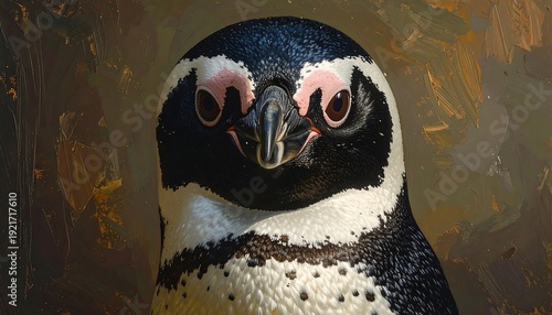 Close-up painted portrait of a penguin. The bird has a white face, dark head, and yellow-brown background