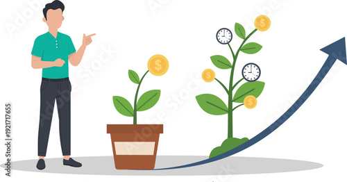 Businessman Growing Plants with Coins and Clocks – Investment, Wealth Building, and Long-term Growth