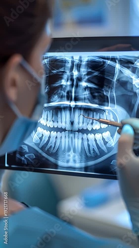 A healthcare professional meticulously examines a detailed dental x-ray on a well-lit display in a clinic, utilizing a tool to highlight specific dental and jaw structures