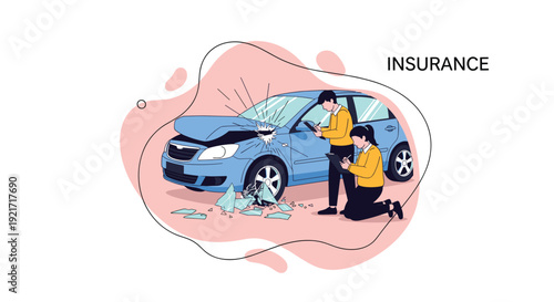 Insurance adjusters assess the damage to a blue car after a collision while taking notes on clipboards to process a vehicle claim.