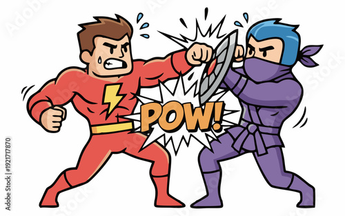 Superhero Fighting Ninja Cartoon Illustration