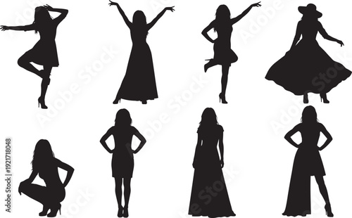 Female samurai warrior silhouettes set, woman holding katana sword in action poses, martial arts collection, Japanese fighter, ninja assassin vector.