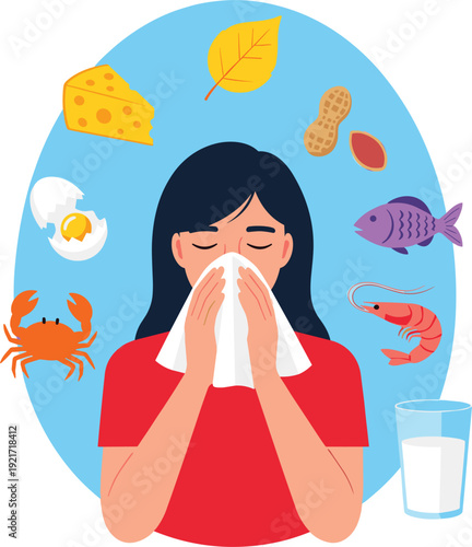 Woman sneezing into a tissue with common food allergen icons vector illustration