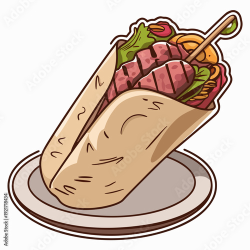  A wrapped shawarma filled with grilled meat and vegetables, illustrated in flat cartoon vector sticker and clipart style