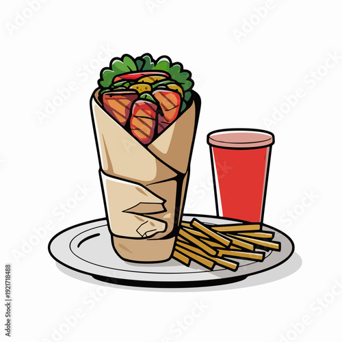  A wrapped shawarma filled with grilled meat and vegetables, illustrated in flat cartoon vector sticker and clipart style
