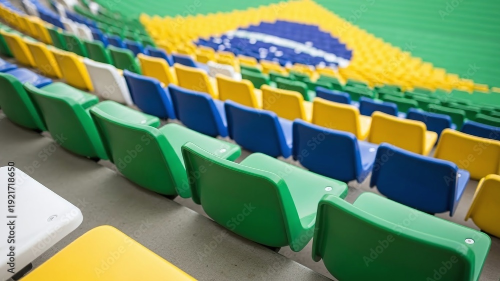 Obraz premium Rows of empty stadium seats in Brazilian colors awaiting World Cup match