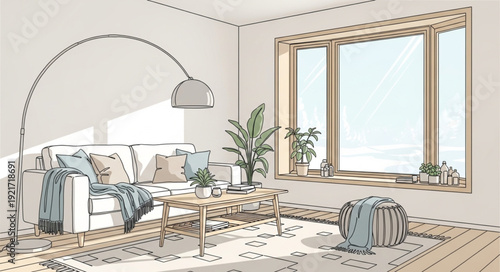 Modern living room interior design sketch with sofa and window.