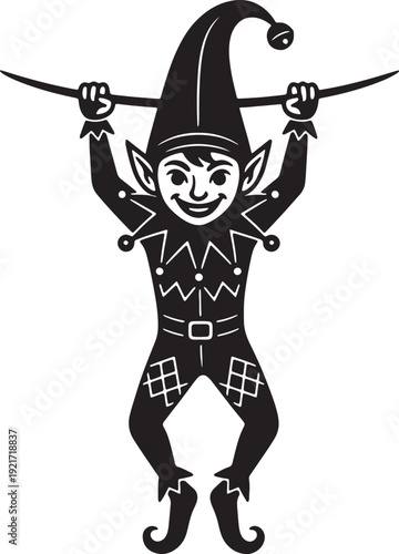 Black and white of a smiling jester in a hat holding a curved sword also transparent background