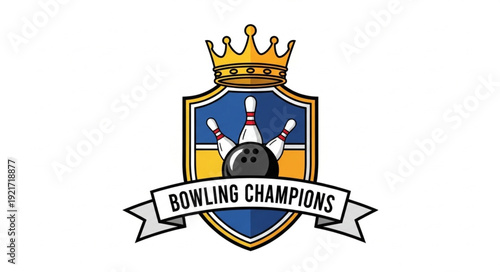 Bowling Champions Shield Emblem with Crown and Ribbon.