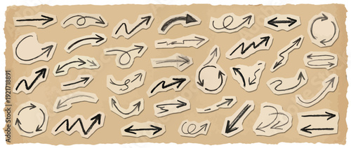 Vintage crayon drawn arrows scrapbook collage element collection. Hand drawn black school arrow set with beige craft tear paper. Journal collage direction symbols for notes, journaling, diagrams