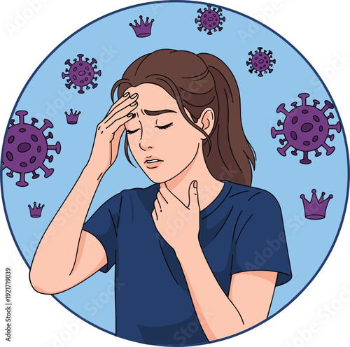 Woman with headache and sore throat from virus vector illustration