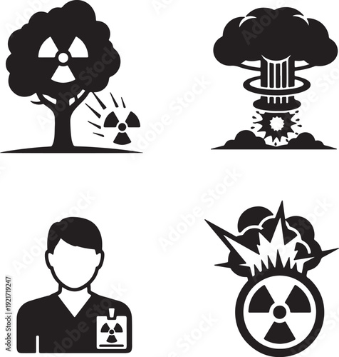 Black and white of nuclear radiation symbols and a hazmat worker also transparent background