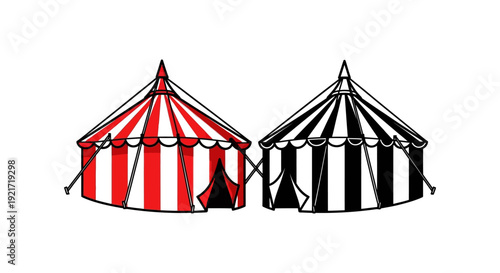 Two circus tents one red and white striped and one black and white are displayed side by side high quality professional detailed