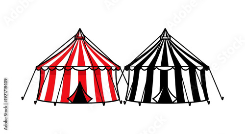 Two cartoon tents are depicted one with red and white stripes the other black and white