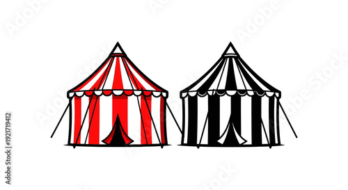 Two stylized circus tents are displayed one with red stripes and the other with black
