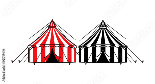 Two stylized circus tents one red and white striped the other black and white striped are depicted