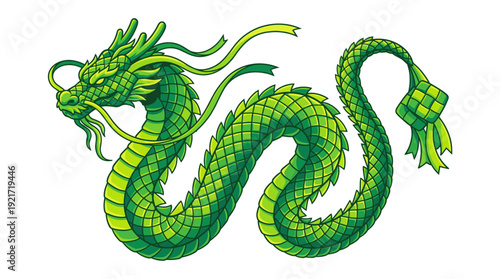 Green Chinese dragon serpent rendered in woven ketupat scale pattern, mythical lunar festival creature curling in flight, Southeast Asian palm leaf motif twist, jade folklore