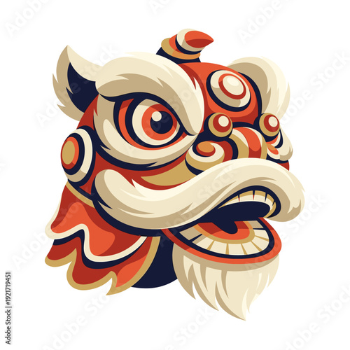 Chinese lion dance mask head emblem, bold red cream curls and fur details, festive parade costume icon for Lunar New Year culture, luck prosperity, lantern drums heritage