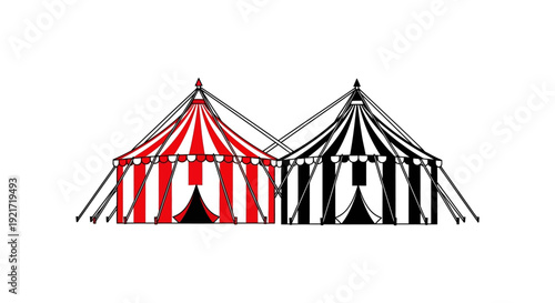 A simple illustration depicts two circus tents one red and white striped and one black and white high quality professional