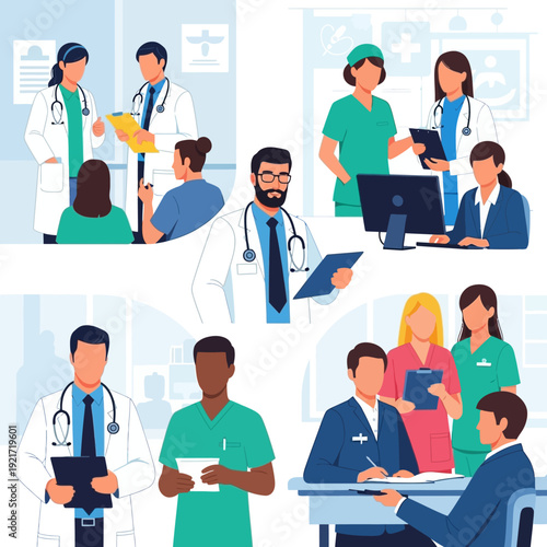 Diverse medical team collaborating in modern hospital setting