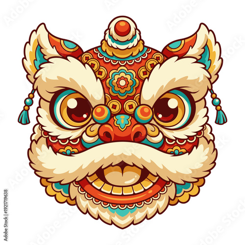 Ornate Chinese lion dance mask face, vibrant festival costume head design, detailed folk celebration motif for Lunar New Year parades, cultural heritage decorative emblem