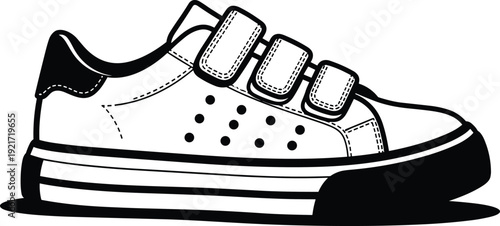 Black and white silhouette vector illustration of casual sneaker shoe with velcro straps, thick sole, decorative stitching, ventilation holes, side profile