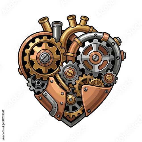 Mechanical heart emblem built from copper plates, brass pipes, and interlocking gears, romantic steampunk symbol mixing industry and affection for couples, anniversaries, and fantasy art