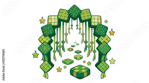 Hanging ketupat arch decoration in lush green, dangling ornaments and star accents, Eid al-Fitr gateway concept, Ramadan festive greeting element for modern Islamic celebration