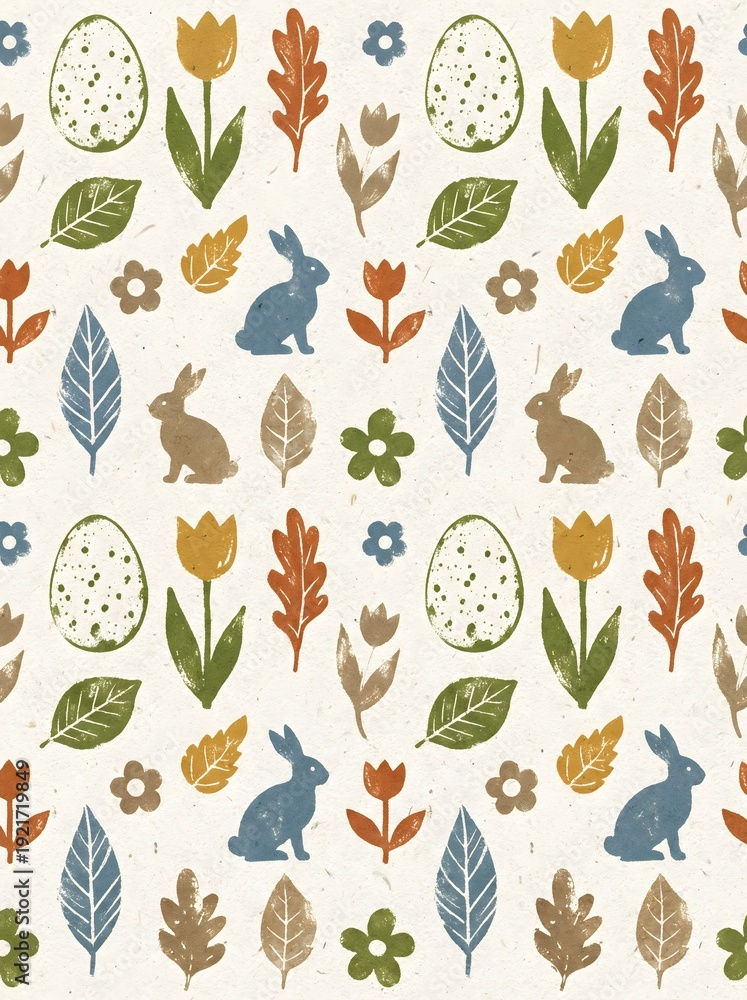 Obraz premium Seamless Easter pattern featuring rabbits, tulips, leaves and decorated eggs in earthy pastel tones on textured paper background, Scandinavian folk style illustration.