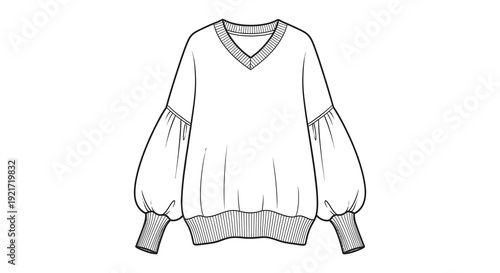 Technical fashion illustration of a loose fitting v neck sweater with voluminous bishop sleeves high quality professional detailed