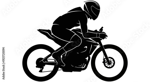 A silhouetted depiction of a motorcyclist riding a sports bike in a dynamic side profile