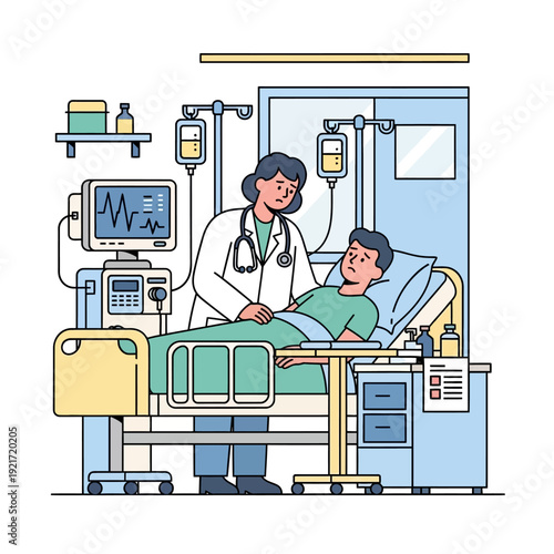 Doctor Caring for Sick Patient in Hospital Room with Medical Equipment
