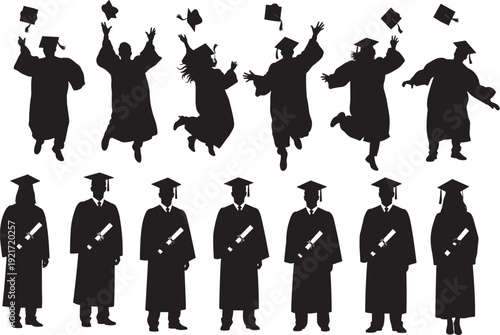 Graduation silhouette set, students throwing caps in celebration, graduates holding diplomas, university commencement ceremony, academic success, high school degree achievement.
