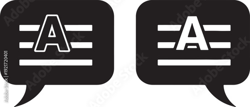 Two black speech bubbles with white lines and capital letter A also transparent background