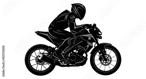A black silhouette depicts a motorcyclist riding a sports bike from a side view high quality