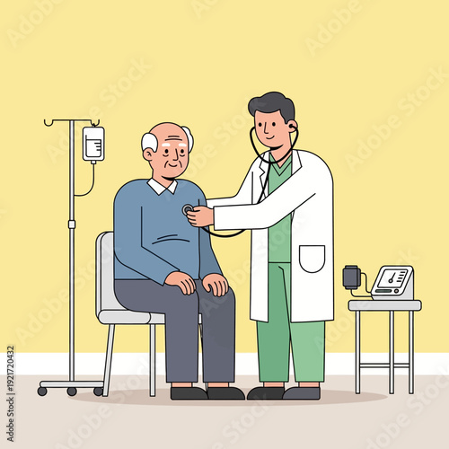 Doctor examining elderly patient with stethoscope, medical checkup, hospital room