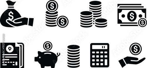 Finance and money icon set, cash coins savings piggy bank calculator invoice symbols, black vector collection isolated on white