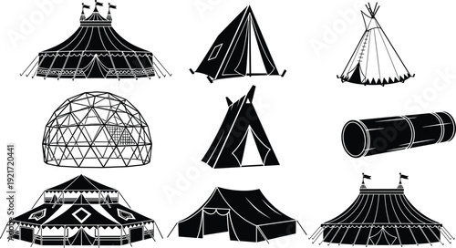 Black and white vector icons of diverse tents including circus, teepee, dome, tunnel shelters representing camping, festivals, and outdoor architecture