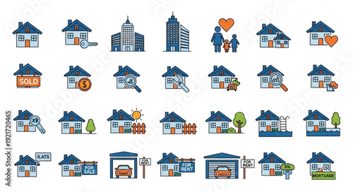 Collection of real estate and housing icons and symbols.