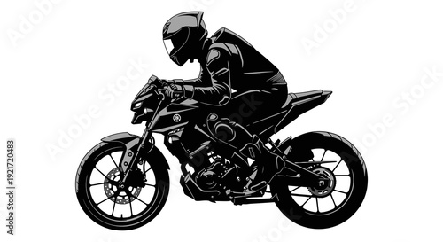 A stylized black silhouette of a motorcyclist riding a modern sportbike at speed high quality professional