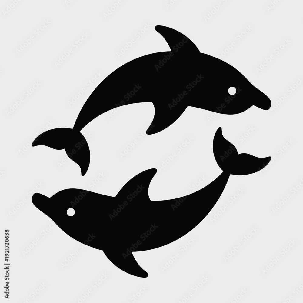 Fototapeta premium Two dolphins swimming together in playful black silhouette