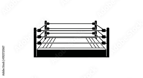 A black and white illustration depicting a professional wrestling ring with ropes and turnbuckles high quality